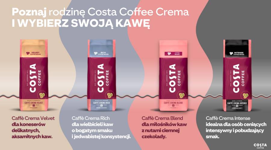Różne kawy z nowej serii Crema od Costa Coffee