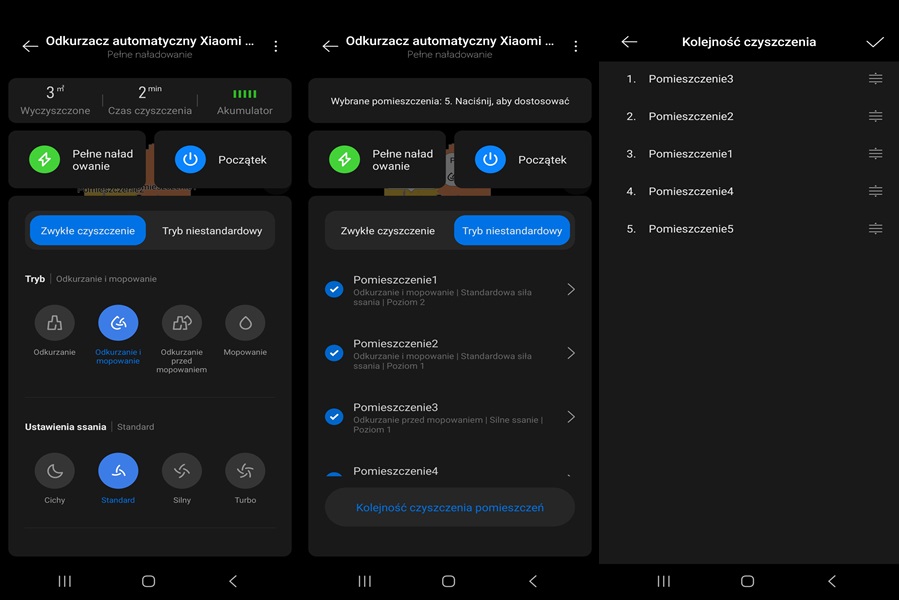 Screeny z aplikacji odkurzacza automatycznego Xiaomi Robot Vacuum S20Plus