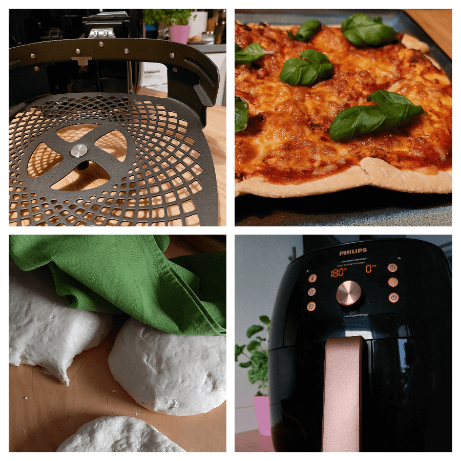 Kolaż zdjęć przedstawiających zestaw do pizzy do Philips Ovi Smart XXL, ciasto na pizzę i upieczoną pizzę