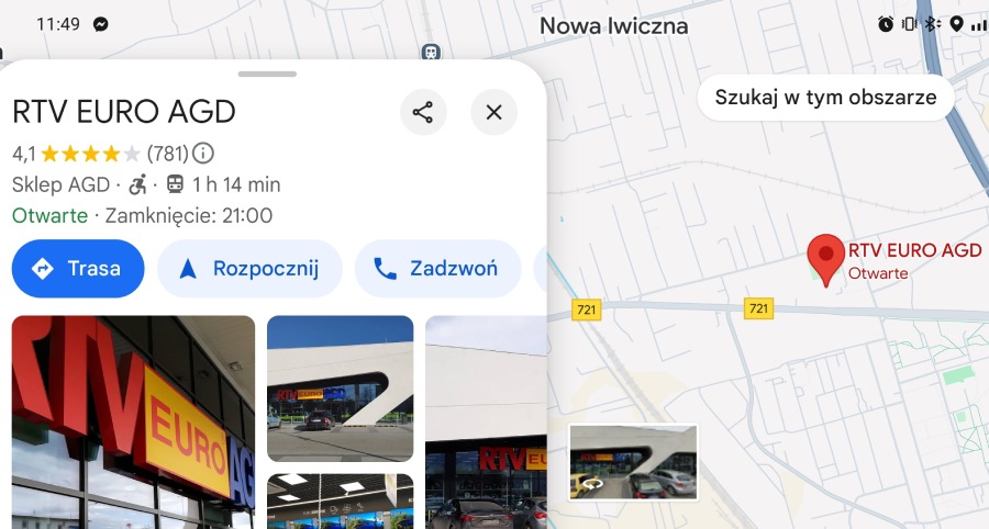 zrzut ekranu przedstawiający pinezkę na mapię oznaczającą sklep RTV Euro AGD
