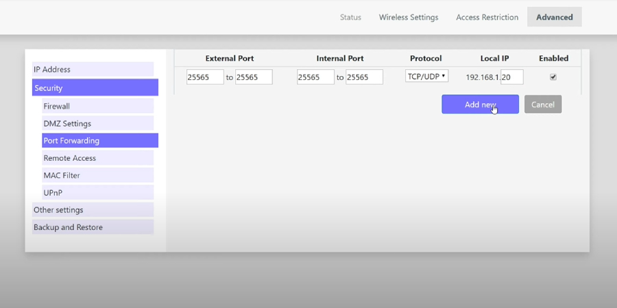 zrzut ekranu w trakcie procedury port-forwarding