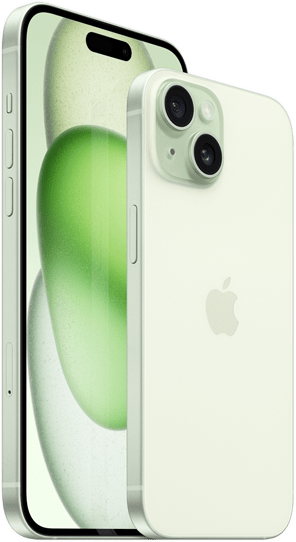 iPhone 15 Plus 6,7 cala i iPhone 15 6,1 cala pokazane obok siebie w celu porównania ich rozmiarów.