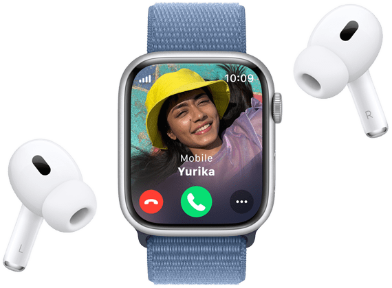 Apple Watch Series 9 pokazujący ekran połączenia przychodzącego wraz z pobliskimi słuchawkami AirPods Pro