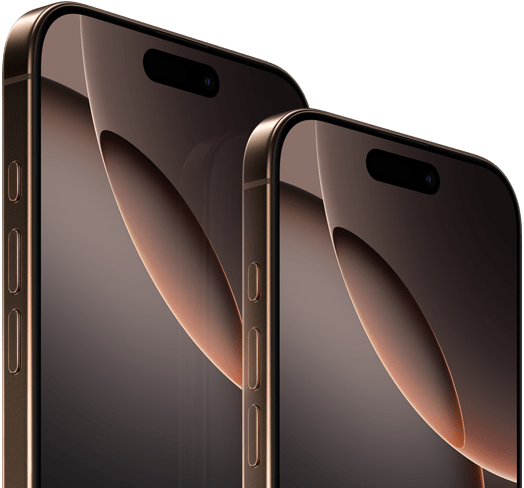 iPhone 16 Pro Max 6,9 cala i iPhone 16 Pro 6,3 cala, widok z przodu, przycisk czynności, przyciski głośności, Dynamic Island pośrodku górnej części ekranu