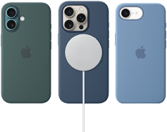 Różne akcesoria MagSafe do iPhone’a. Silikonowe etui z MagSafe do iPhone’a 16, górskie jezioro, silikonowe etui z MagSafe do iPhone’a 16 Pro, denim, połączone z ładowarką MagSafe, kolor biały, silikonowe etui do iPhone’a 16e, zimowy błękit