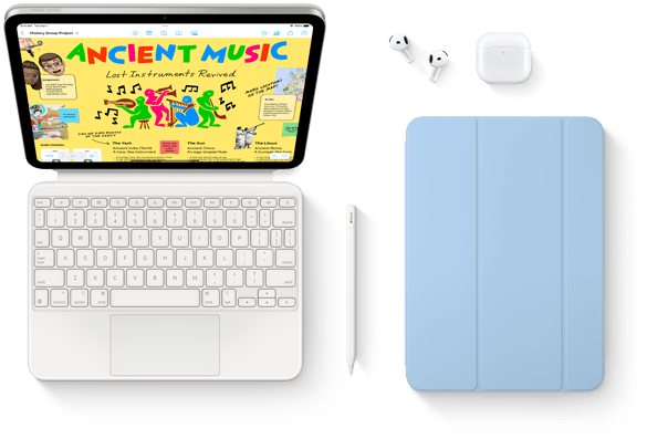 iPad połączony z Magic Keyboard Folio, Apple Pencil, AirPods i Smart Folio